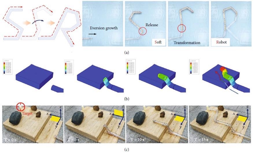 Simulation and demonstrations of models. (a) The deformation process of the initials “Soft Robot” from S to R. (b) The motion simulation of the soft robot to climb the steps to change the working plane. (c) Actual motion demonstration corresponding to simulation. The robot reaches the step and turns upward to climb on the step with multiple obstacles, after changing the work plane, the robot plans the path on the new plane to avoid all obstacles and finally reaches the target.