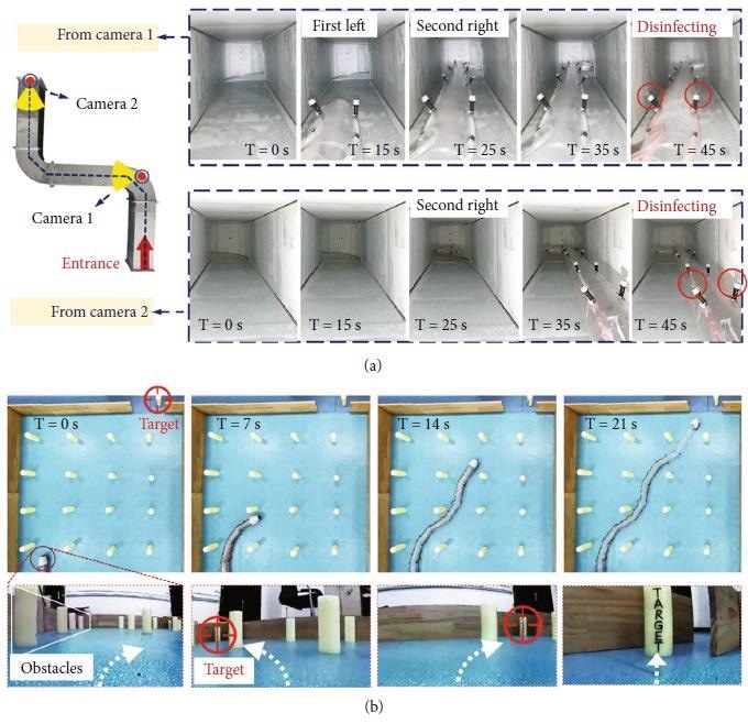 The pipeline disinfection by soft robot and the detection experiment in multi-obstacle environment. (a) The robot attached with two series of sterilizing nozzles enters the ventilation pipeline for disinfection. T = 15 seconds, the robot steers left at the first bend of the pipeline and steers right at the second at T = 25 seconds to comply with the tortuous path of the pipeline; T = 35 seconds, the robot runs through the pipeline, and then, the disinfecting valve is opened to disinfect at T = 45 seconds without missing any corner. (b) The soft robot navigates to the target by using a camera at the tip. T = 0 seconds, the left side of the view is full of obstacles, so the robot turns right to avoid; T = 7 seconds, the camera finds that the target is located to the left of the view, so it steers left; T = 14 seconds, the target is to the right and it steers right to approach to; while the target is in the center of the view, the robot completes the path selection and reaches the target at T = 21 seconds.