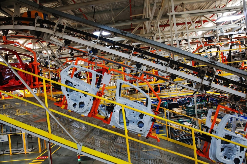 Door assembly production one of automotive plant, Car Door Frame carrying by conveyor