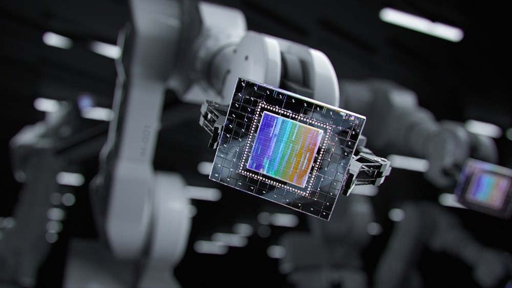 Industrial Concept: Close-up shot of Robotic Arm Holding New Generation Futuristic Processor Ready for Serial Production in Computer Manufacturing. 3D Illustration. Dark Black Colors.
