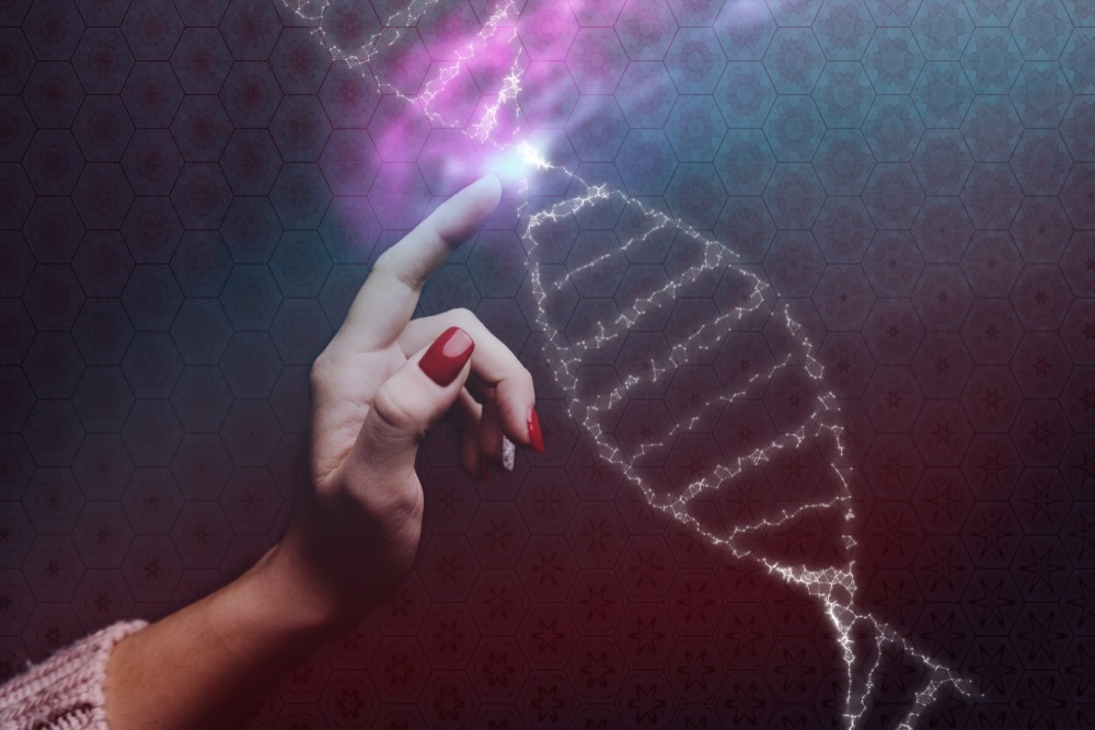Close up of woman Touching DNA molecule . Mixed media.