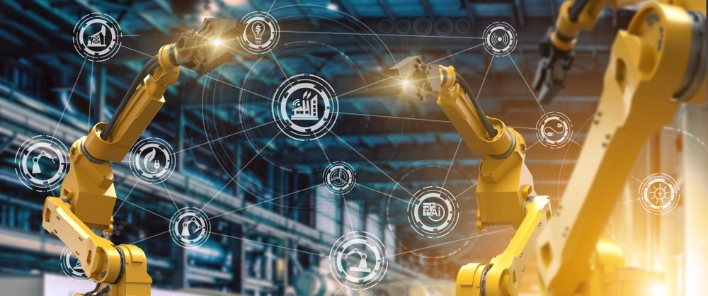 heavy automation robot arm machine in smart factory industrial,Industry 4.0 concept image.