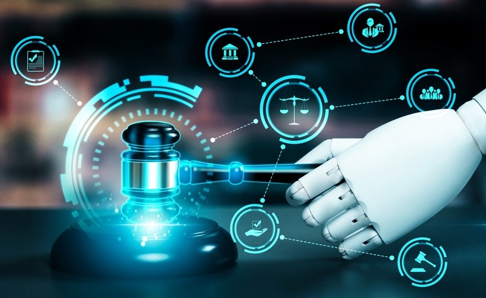 AI related law concept shown by robot hand using lawyer working tools in lawyers office with legal astute icons depicting artificial intelligence law and online technology of legal law regulations