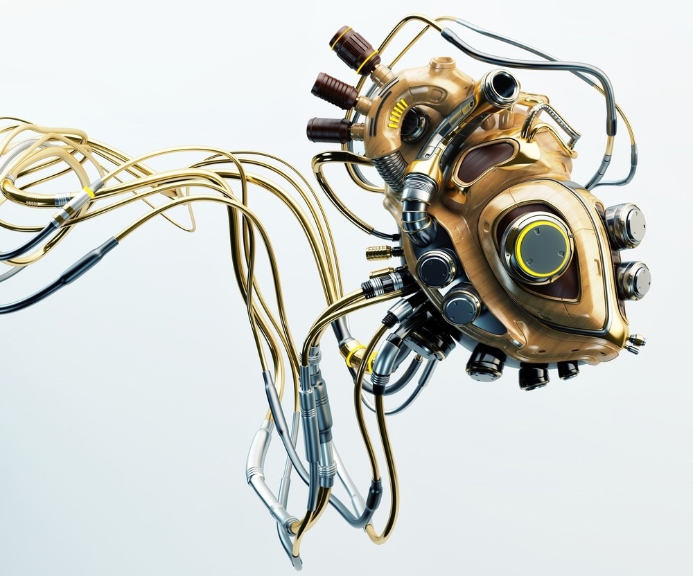 Concept of artificial wooden robotic heart with metal parts and many wires connected / Wooden robotic heart