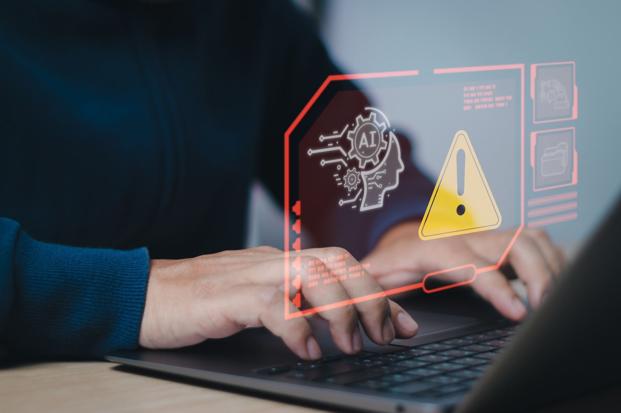 Users show alert about using smart technology(Ai) with a virtual screen on computer.