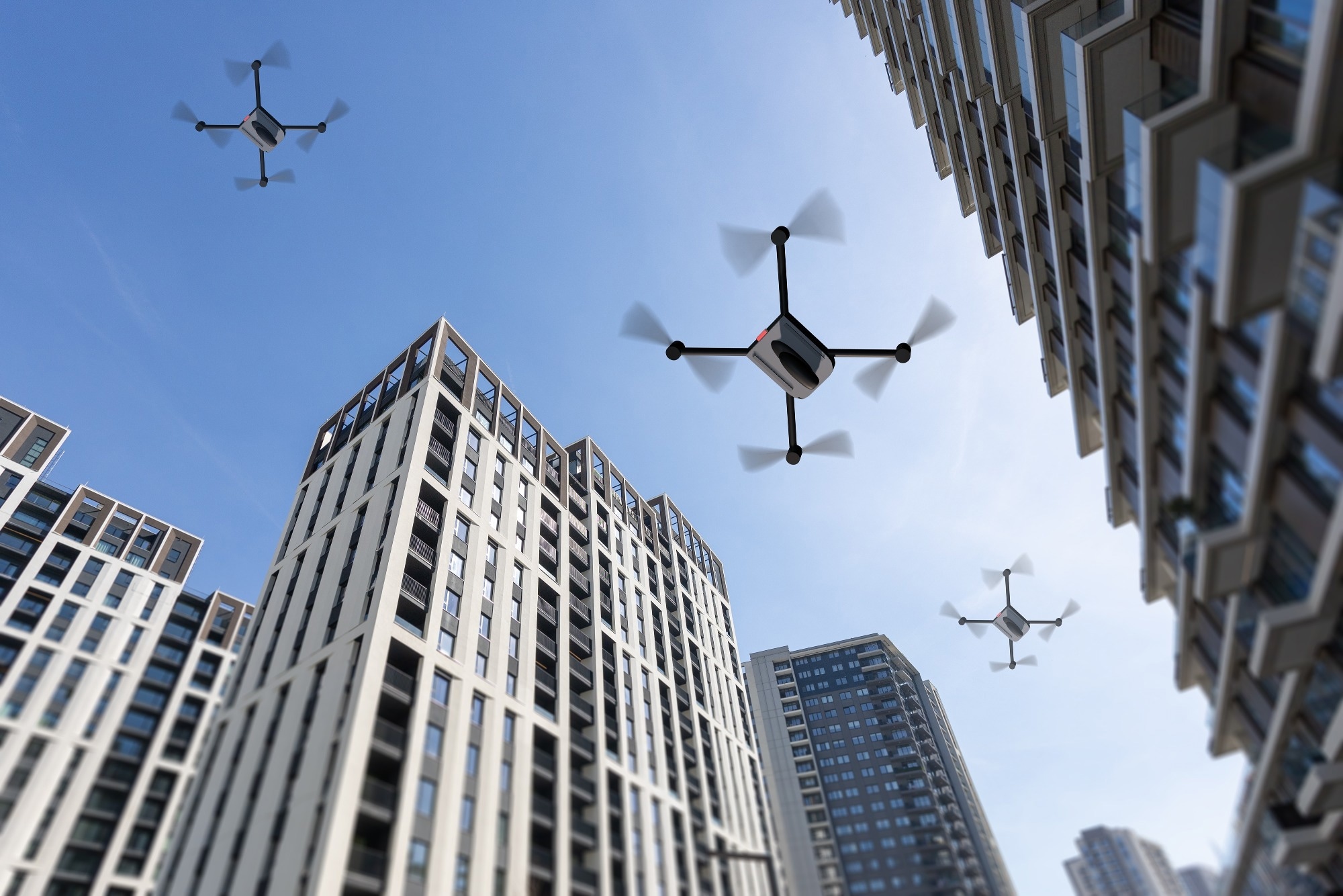 3d illustration of drones flying above high rise buildings.
