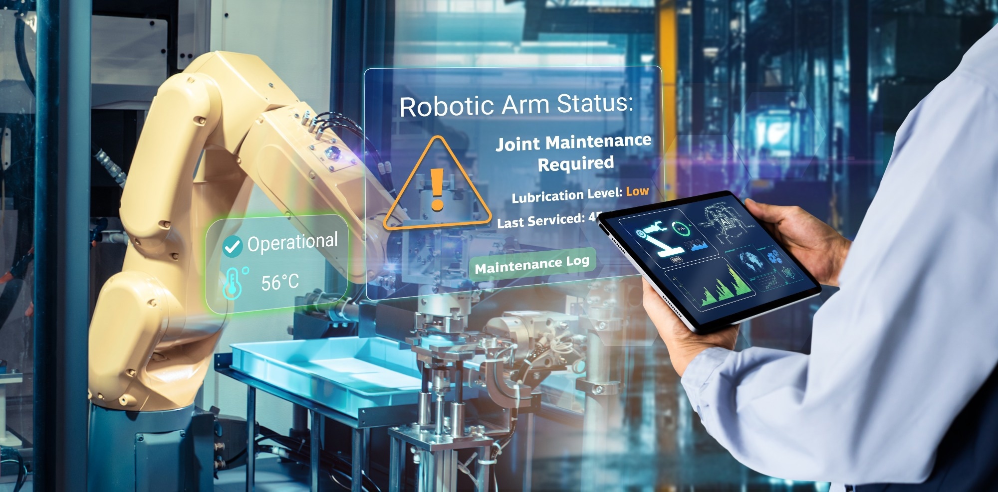Engineer Using Augmented Reality (AR) Interface for Robotic Arm Maintenance in Smart Factory