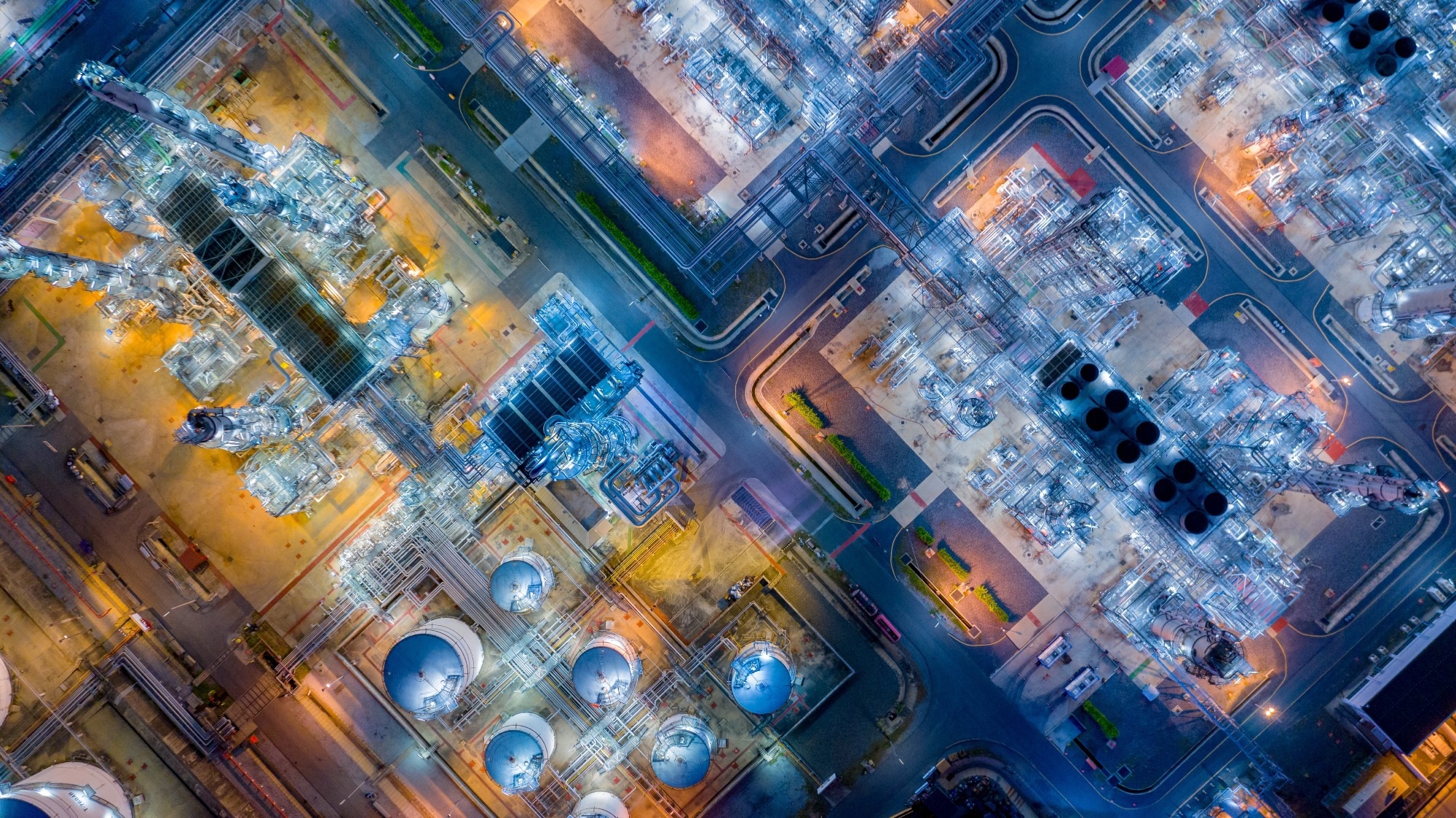 An aerial view of an oil refinery, a large modern oil industry.