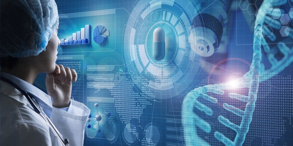 Doctor analysing medication on holographic interface.
