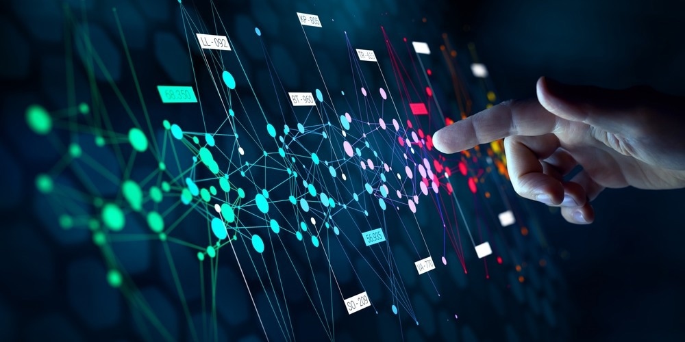 Big data analytics with AI technology. Data analyst analyzing and visualizing complex information network with artificial intelligence.
