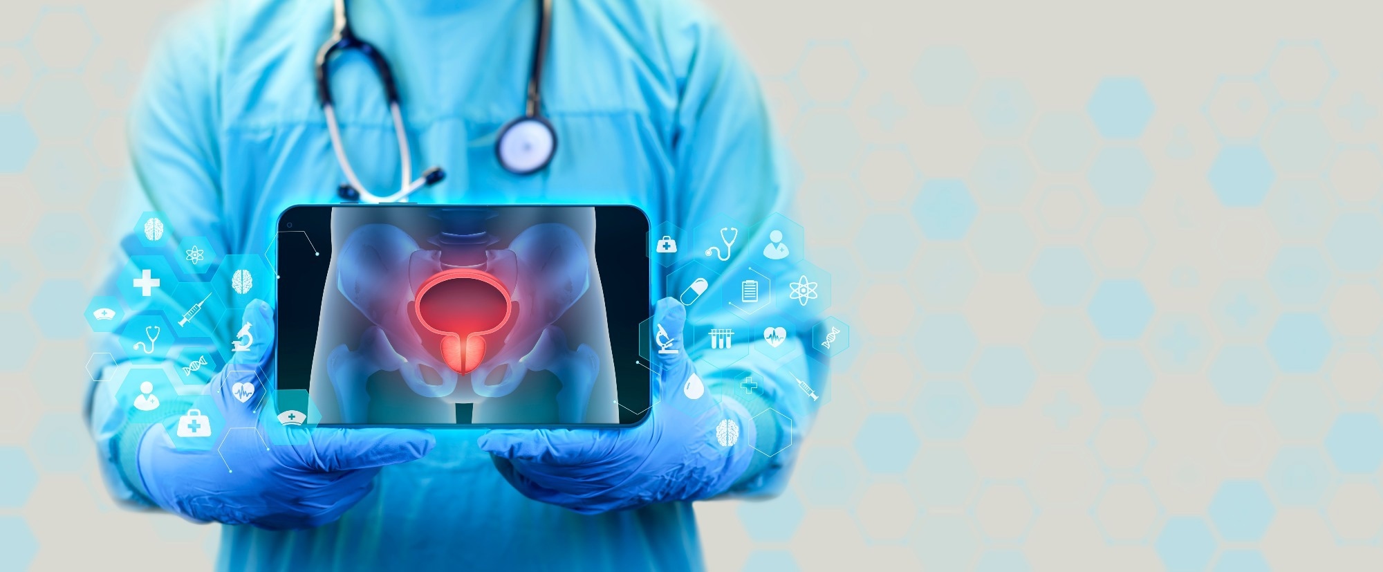 A doctor analysing a simple X-ray of the male pelvis.
