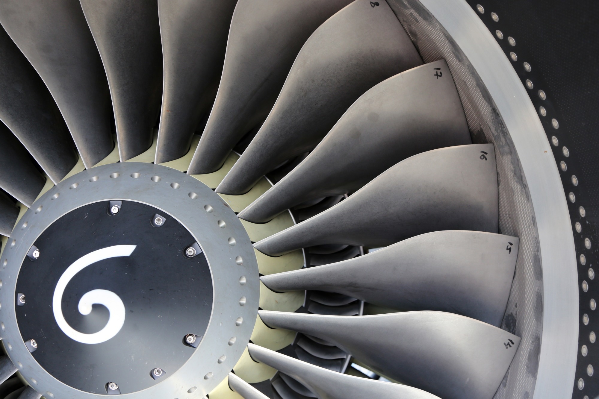 Fan of jet engine of aircraft close up view