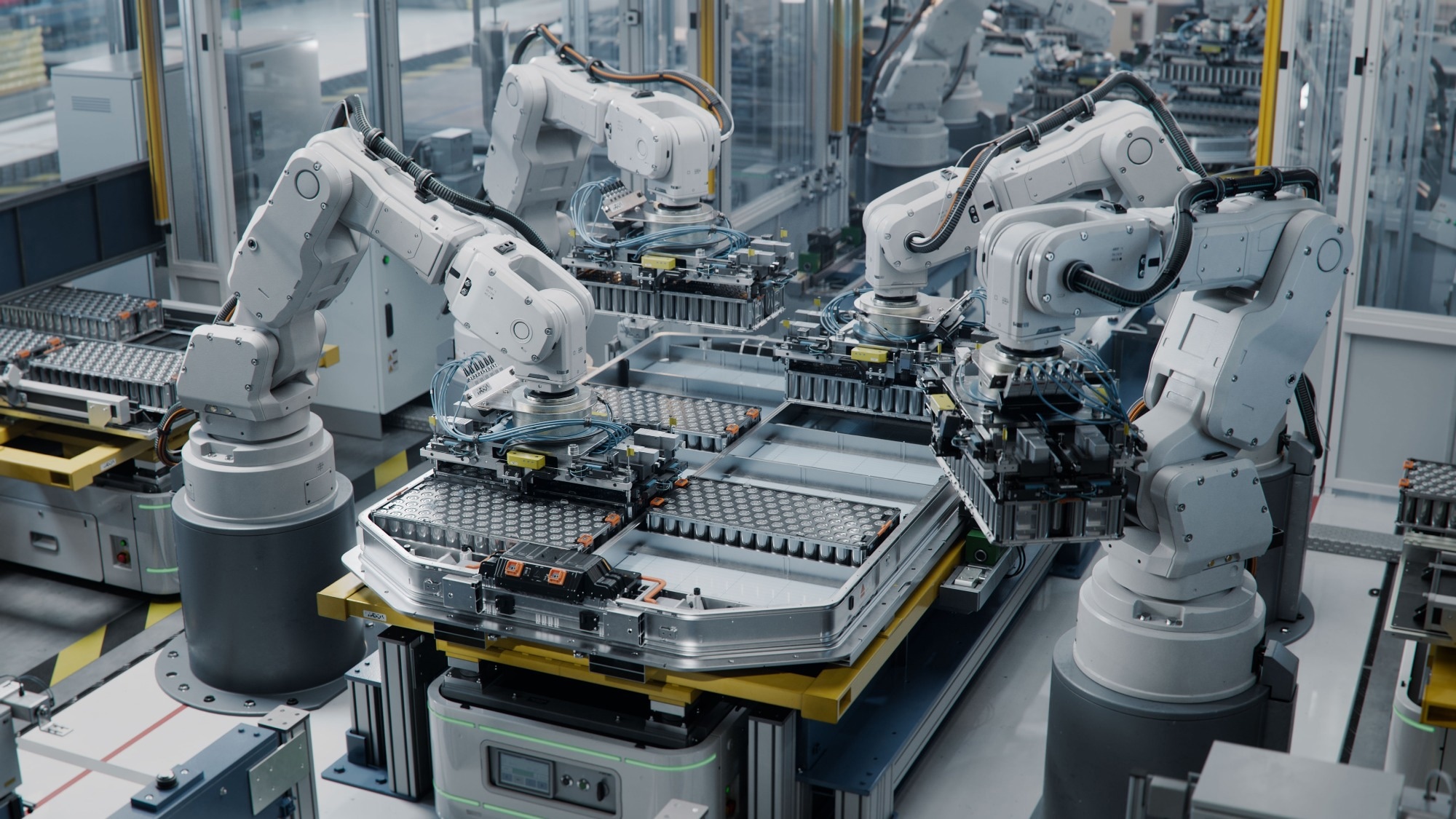 Industrial Robot Arms Assemble Lithium-Ion EV Battery Pack.
