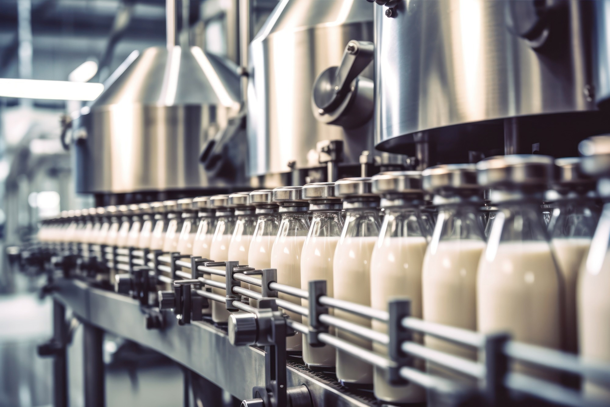 . Robotic factory line for processing and bottling of milk.