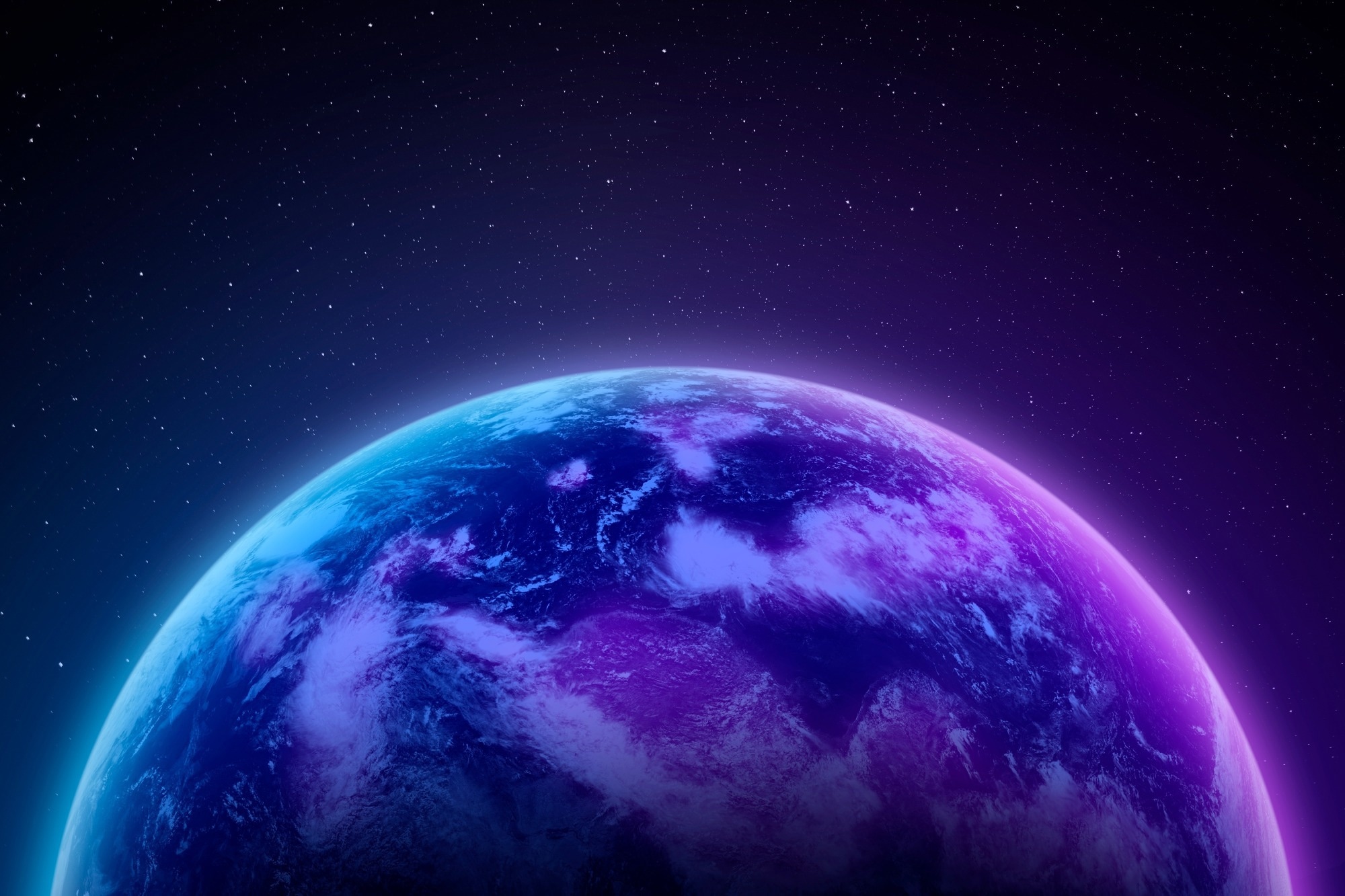 Vibrant image of Earth from space, glowing with purple and blue hues background.