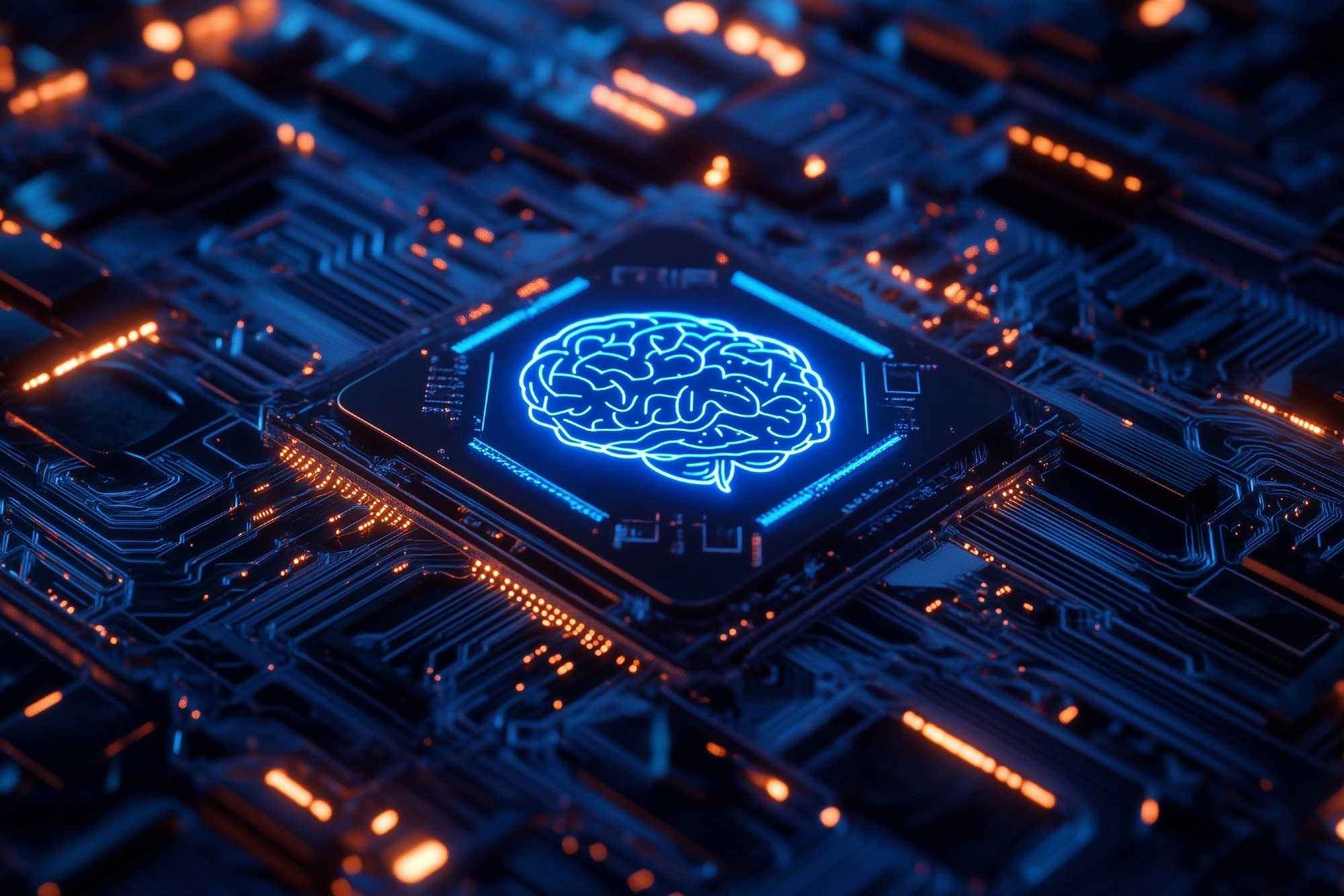 Circuit board with an AI brain icon in the center.