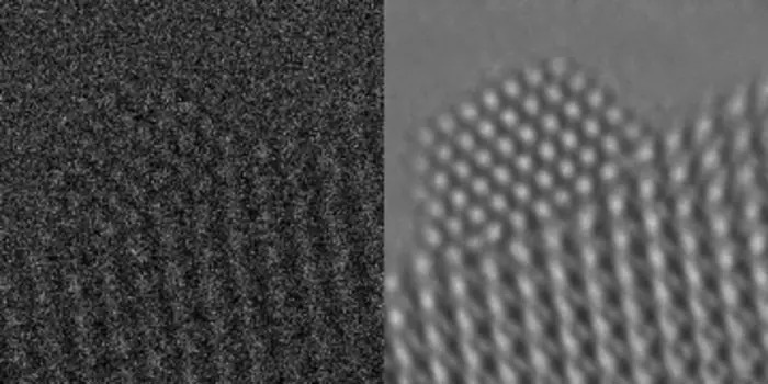 On the left is a platinum nanoparticle, which has been imaged via electron microscopy. The data have sufficient spatial resolution to display individual atoms. However, these images are heavily corrupted by noise due to the high temporal resolution, which is nonetheless necessary to visualize fundamental dynamic behavior on the nanoparticle surface associated with its functionality. At right is the output of an AI system, which is able to effectively remove the noise and reveal the atomic structure of the nanoparticle.