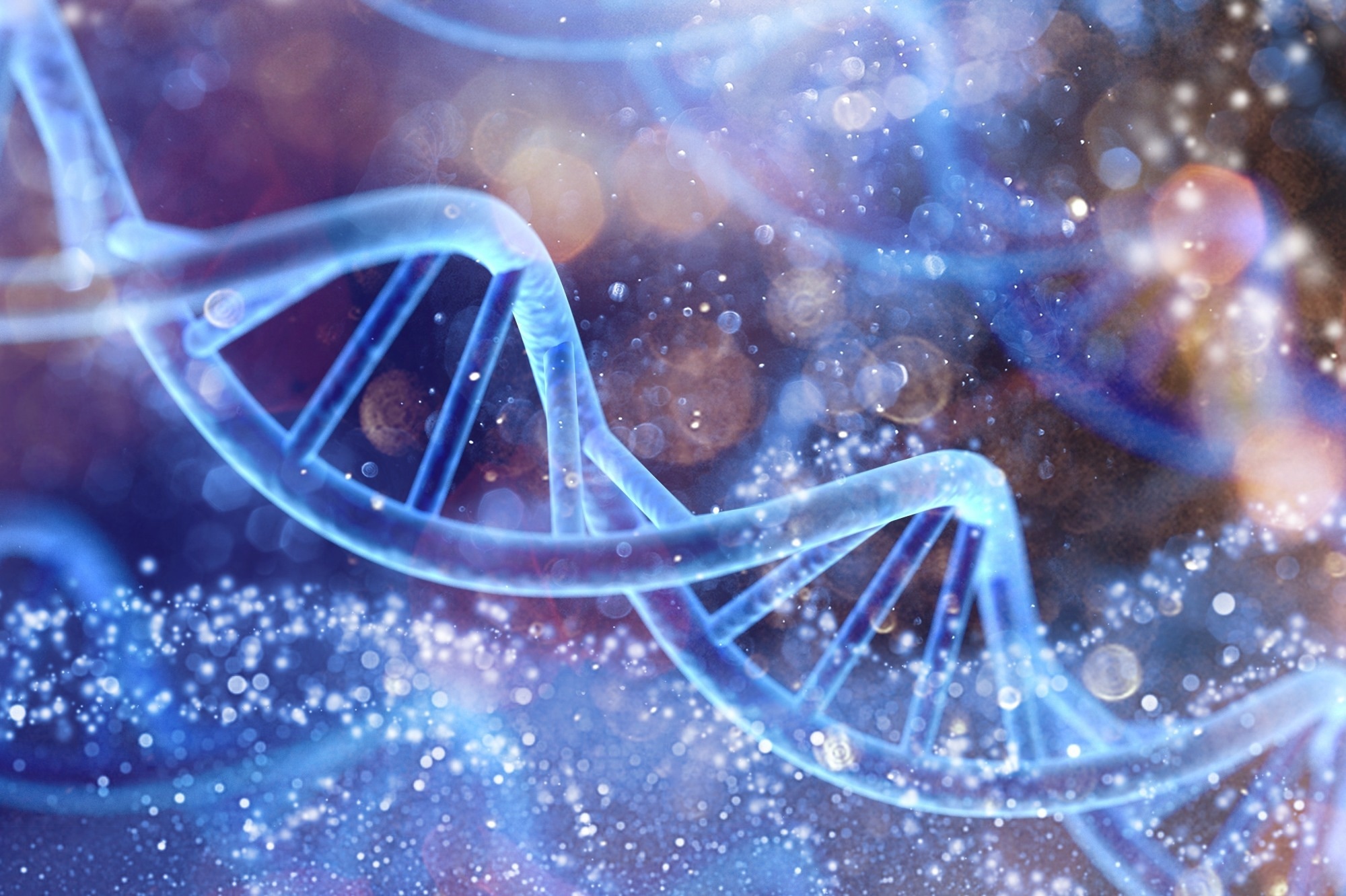 Spiral DNA double helix structure on blue background.