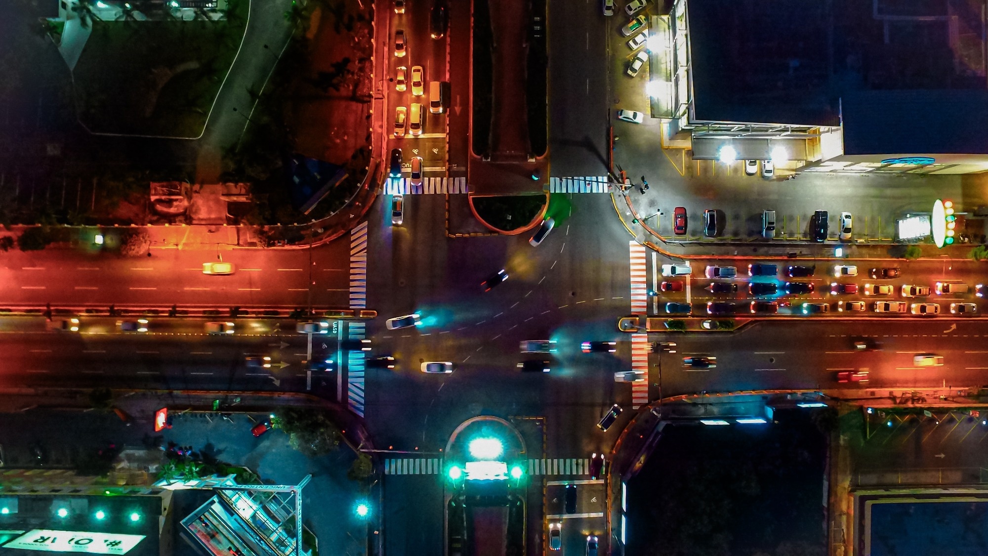 Aerial view traffic in the city at night