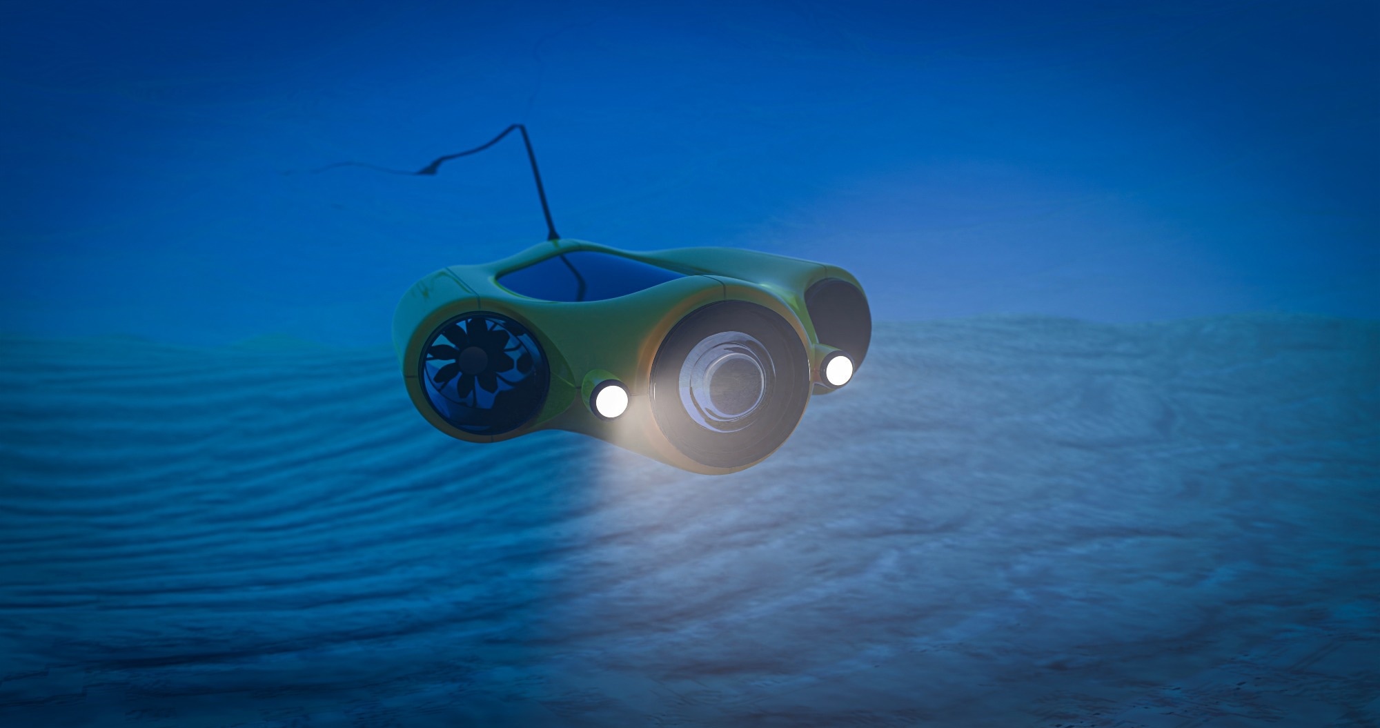 Underwater drone in action - the concept of a diving device with cameras and lighting for filming the underwater world - 3d render.