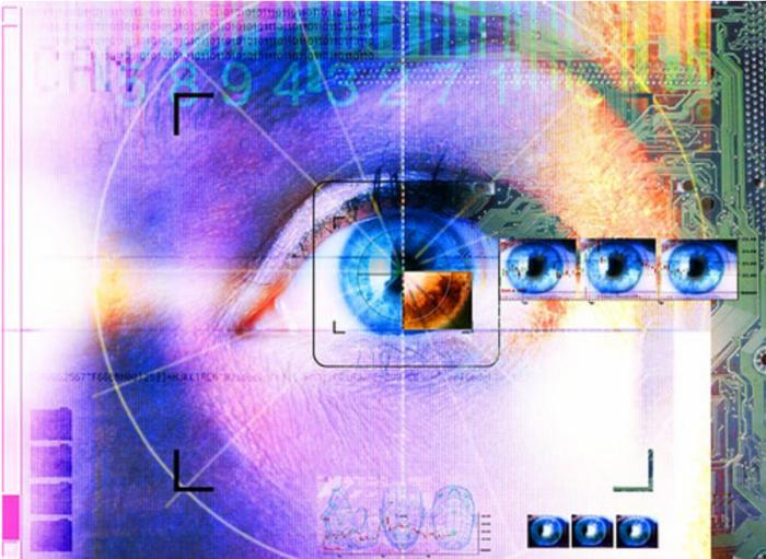 The image shows a digital representation of an eye, with multiple eye images overlaid, accompanied by visual elements that suggest technology and data analysis. It appears to represent concepts such as biometric identification or advanced ocular research, with abstract elements reminiscent of digital systems or artificial intelligence.
