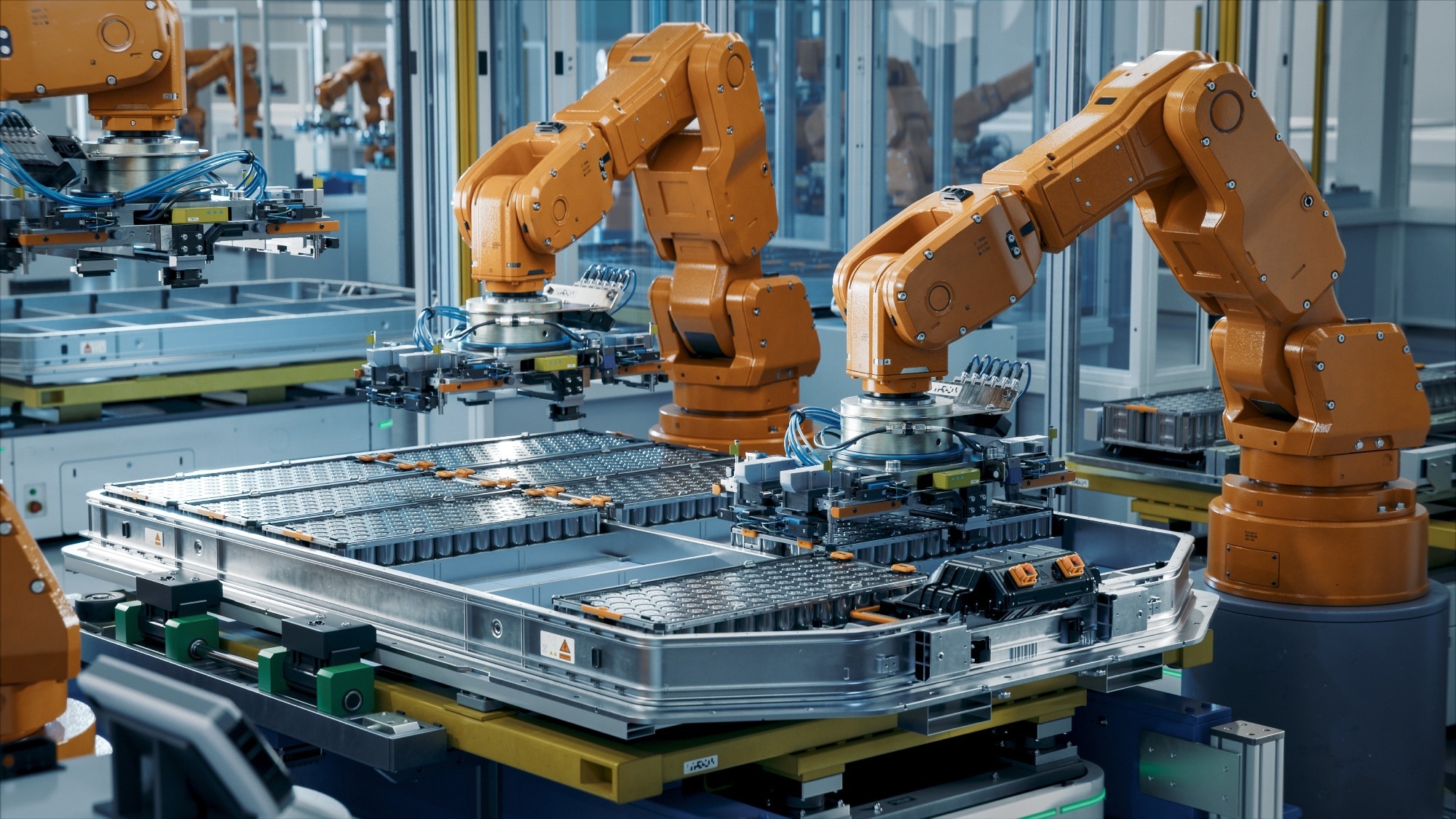 Row of Advanced Robotic Arms inside Automotive Plant.