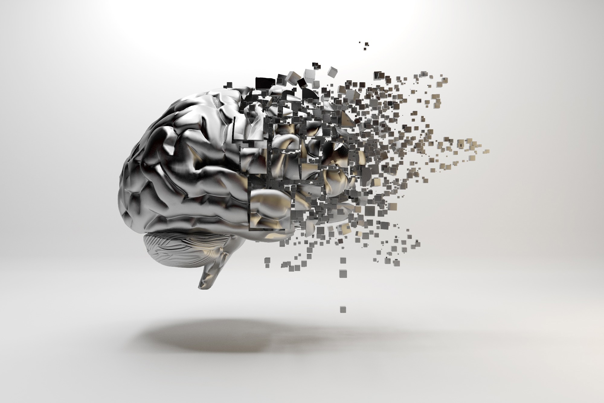A metallic brain concept merging into computer chips.