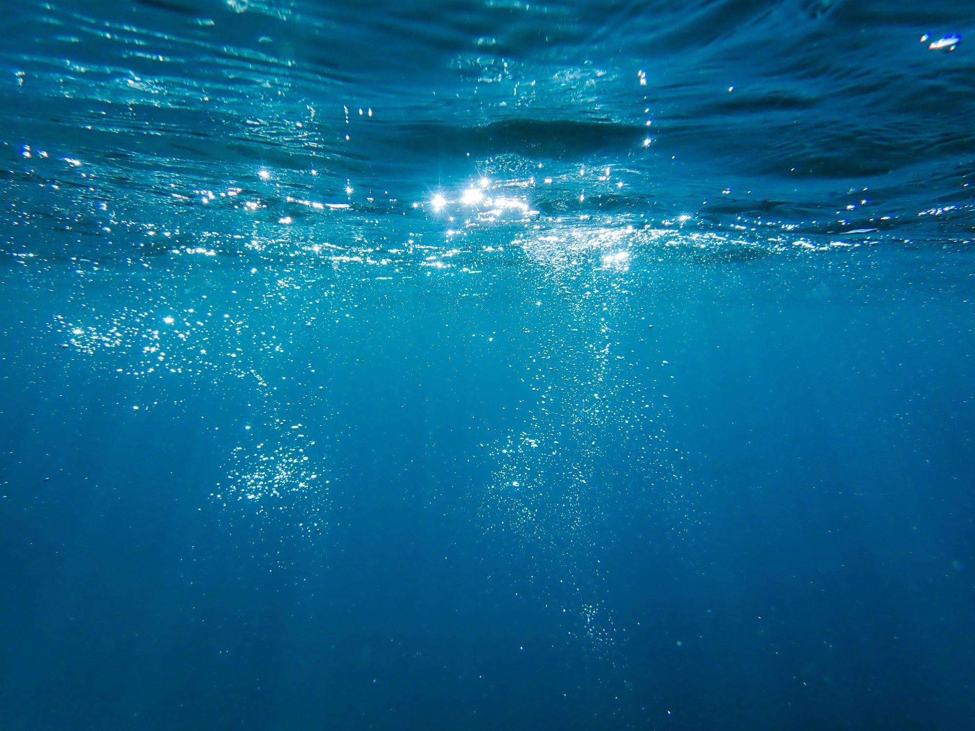 Bubbles under the sea in the crystal clear green sea water.