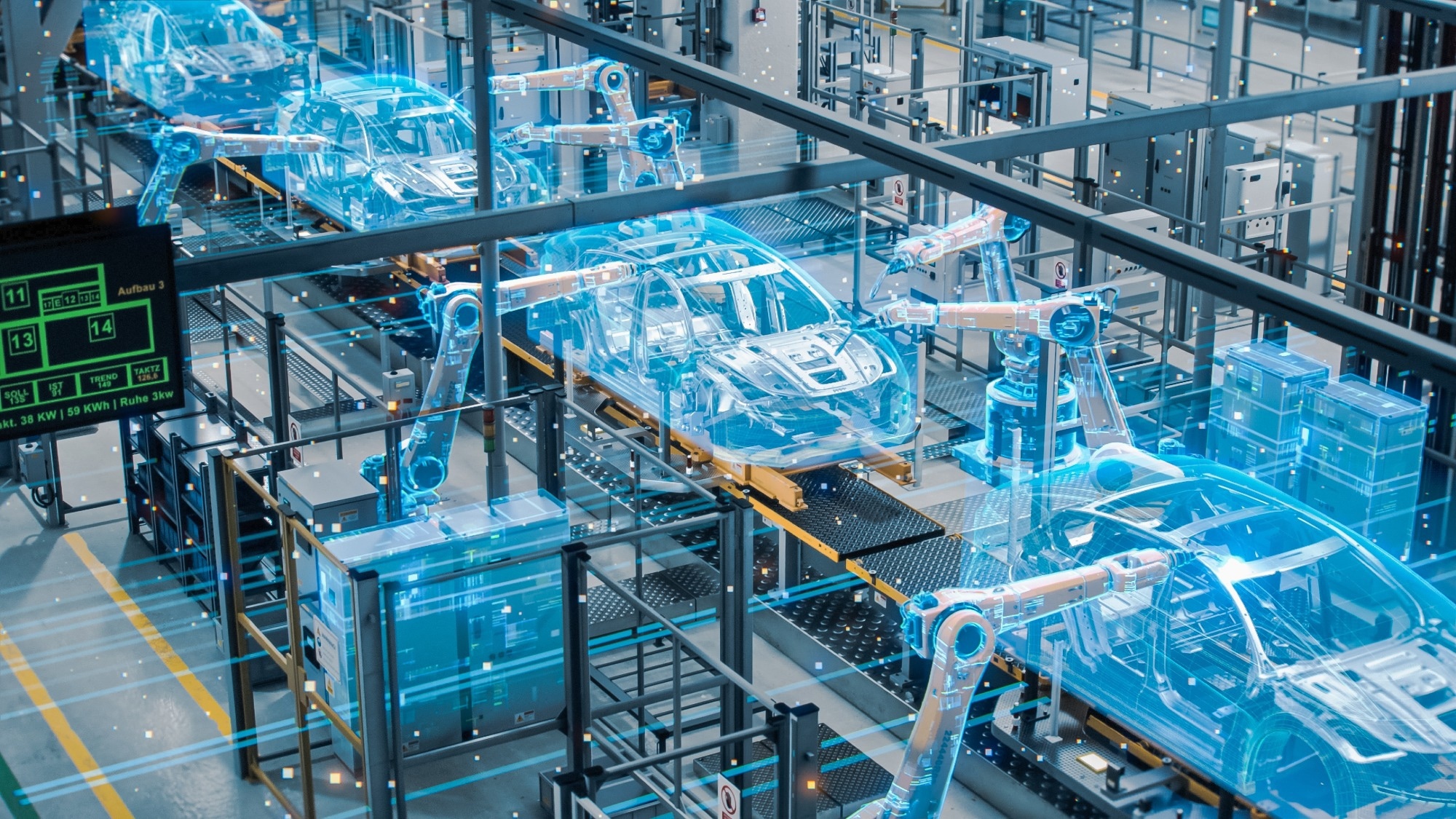 Automated Robot Arm Assembly Line in Factory.