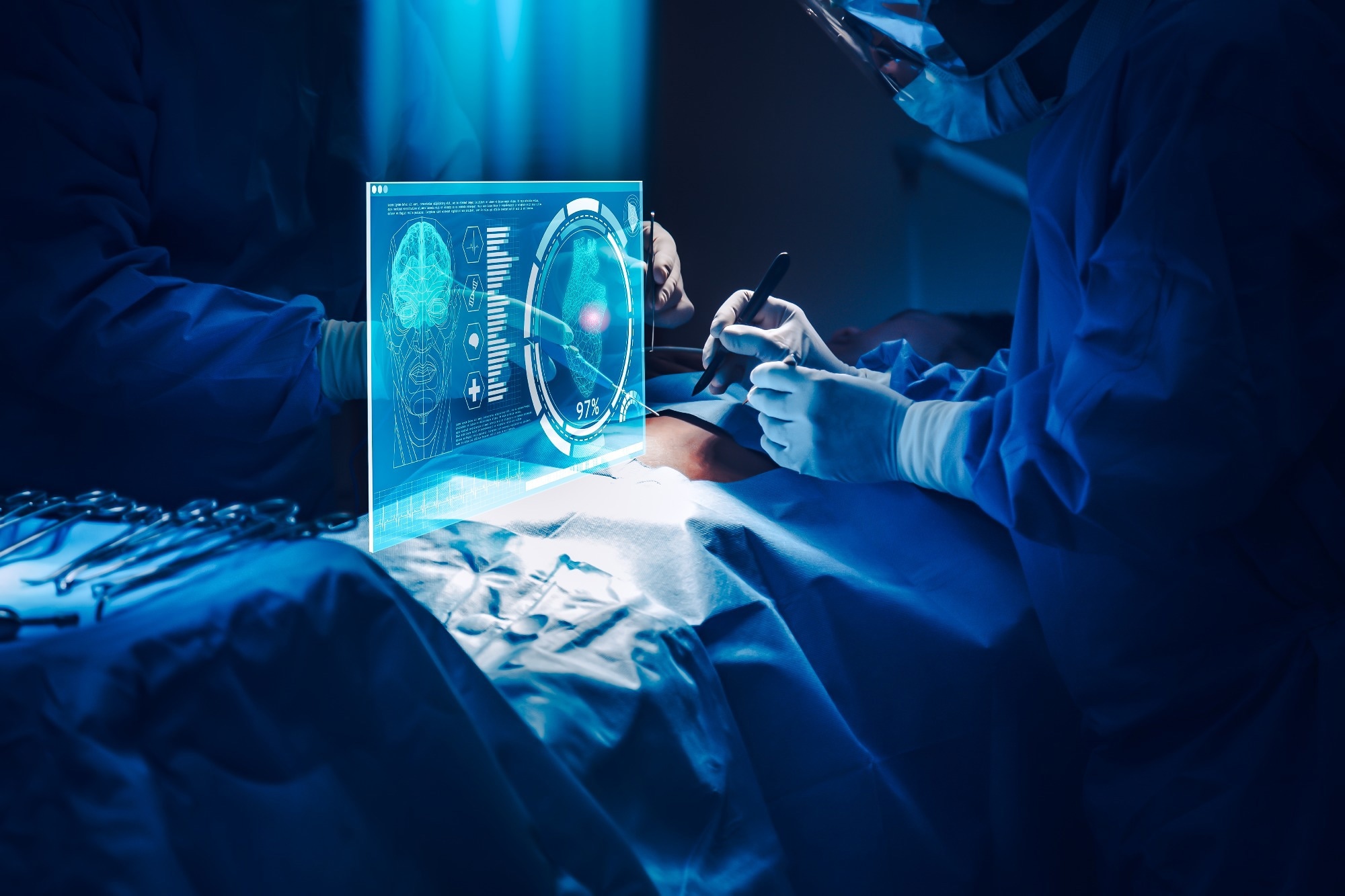 Surgeon analyzing patient heart testing result and human anatomy on technological digital futuristic virtual interface.