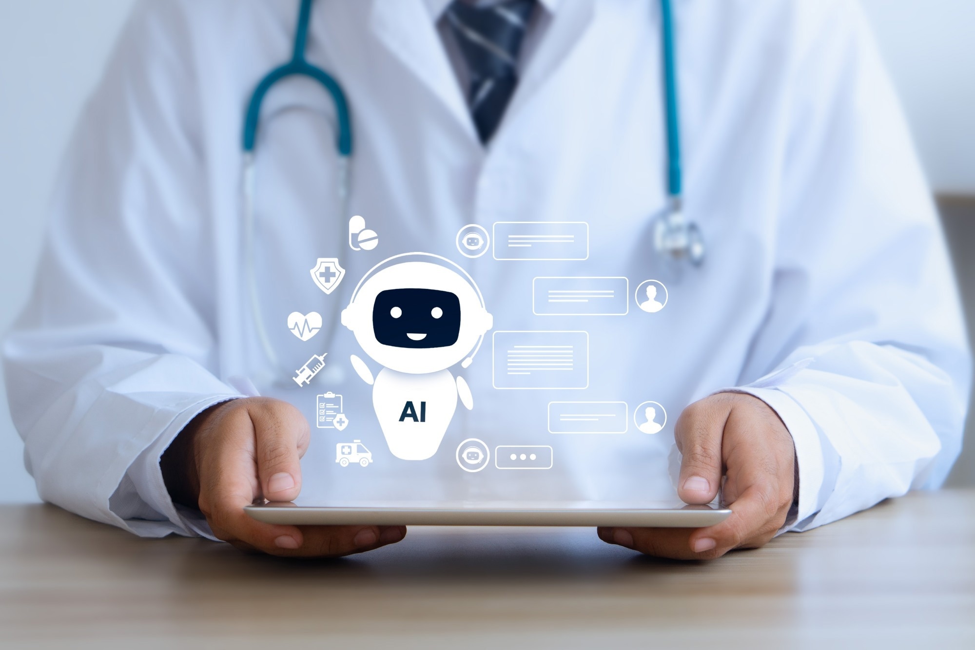 AI chatbot assisting doctor health care and medical support. artificial intelligence in medicine and robotic chat customer services.
