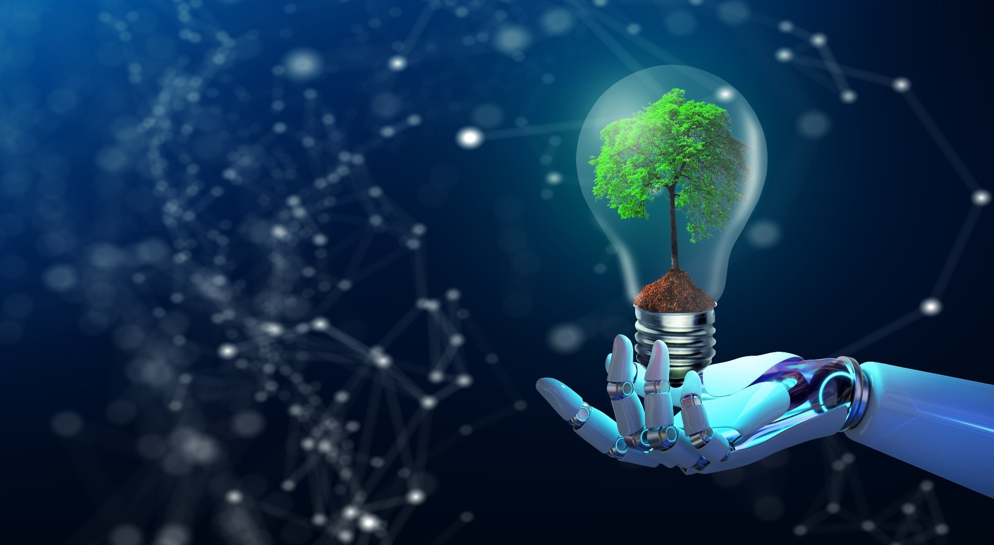 Ai Robot Hand holding growing tree and soil inside the light bulb with technology background. Saving energy ecology and innovative technology concept.