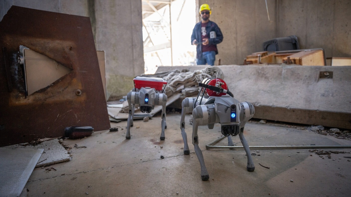 A picture of the robotic dogs being manouvered by an engineer in a blue suit with a yellow safety hat.