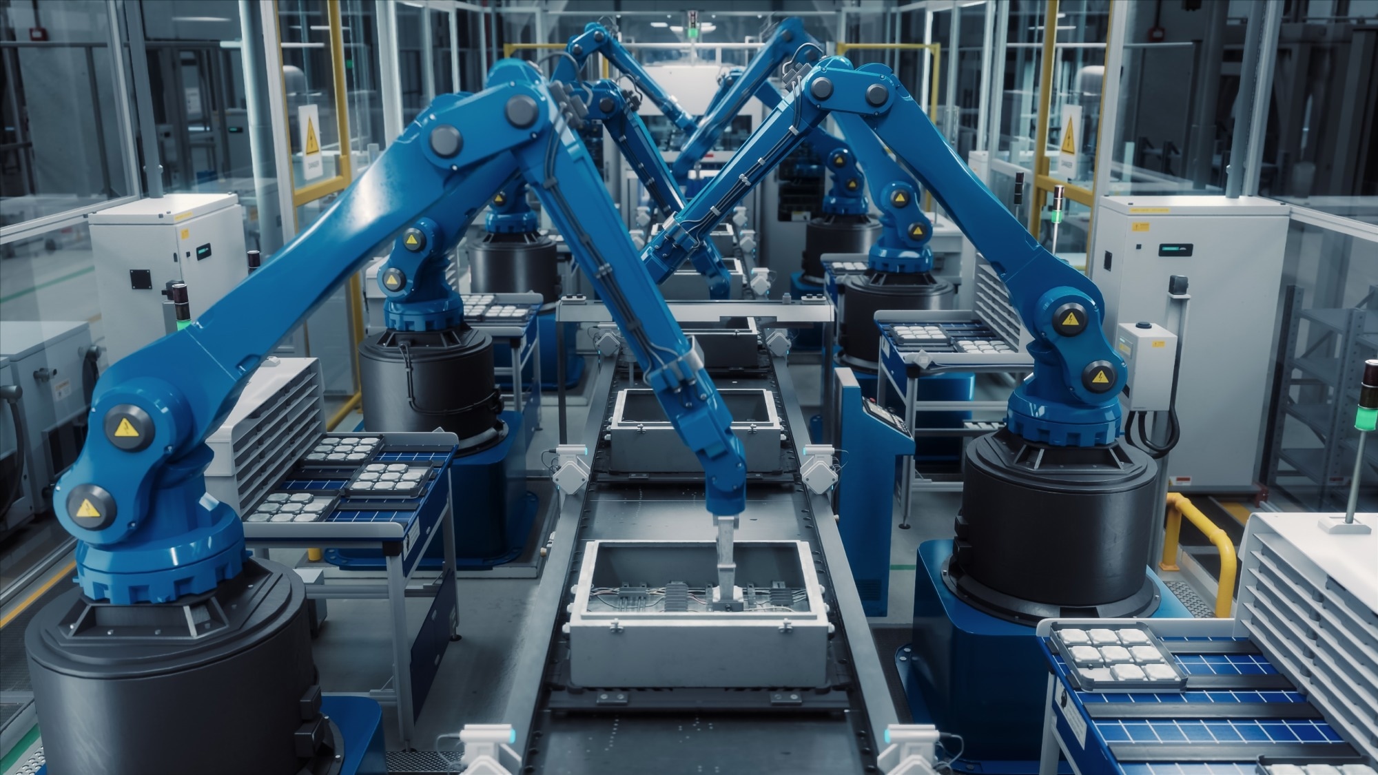 Blue Robotic Arms in an Autonomous Factory Assembling Components on a Production Line Conveyor Belt. Advanced Automation, Precision Engineering and Efficiency in Modern Manufacture.