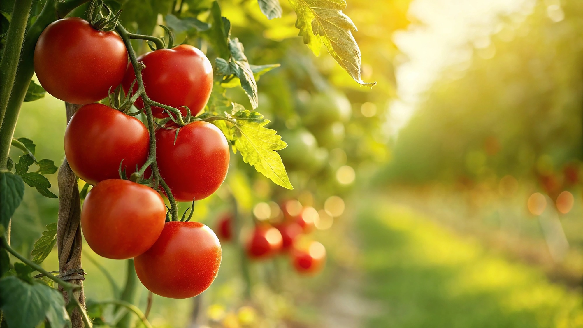 Red Tomatoes on tree in field, Tomato plant in field in natural warm sunlight view.