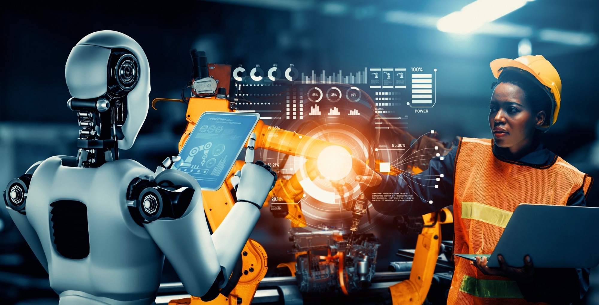 Industry robot and human worker working together in factory. Concept of artificial intelligence for industrial revolution and automation manufacturing process.