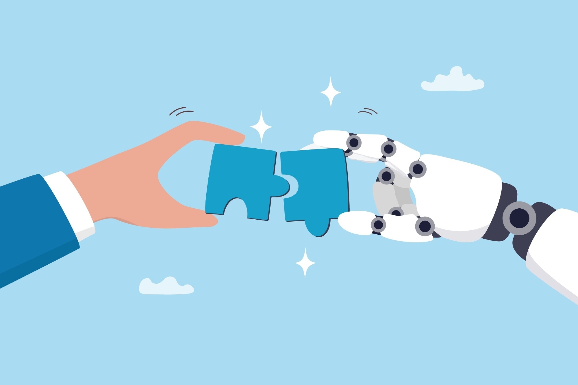 Human hand connects a jigsaw puzzle piece with a robot hand.