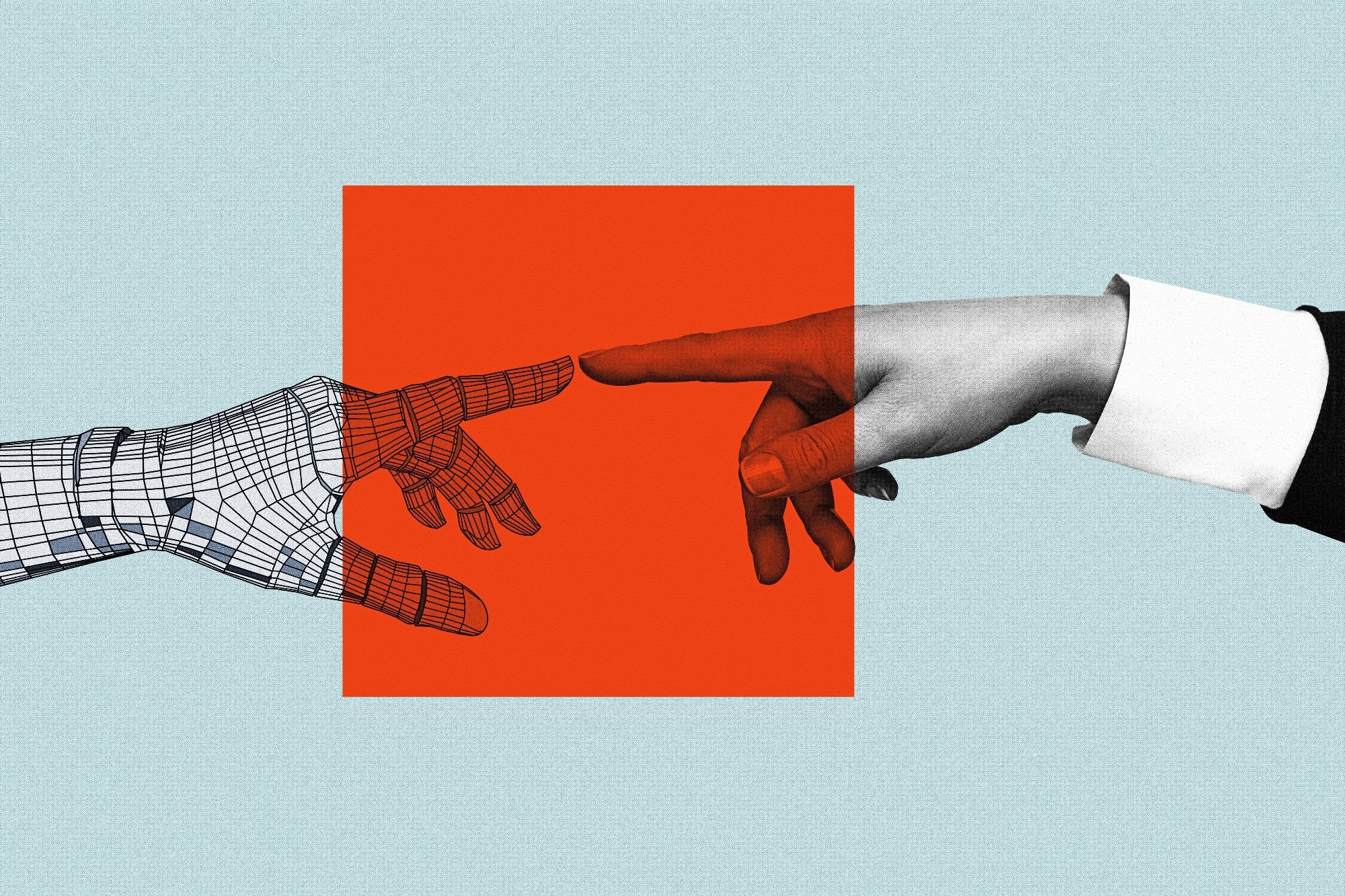 Cyborg robotic hand reaching out and pointing toward a human hand with an outstretched finger, highlighted in red, symbolizing human–machine connection or collaboration.