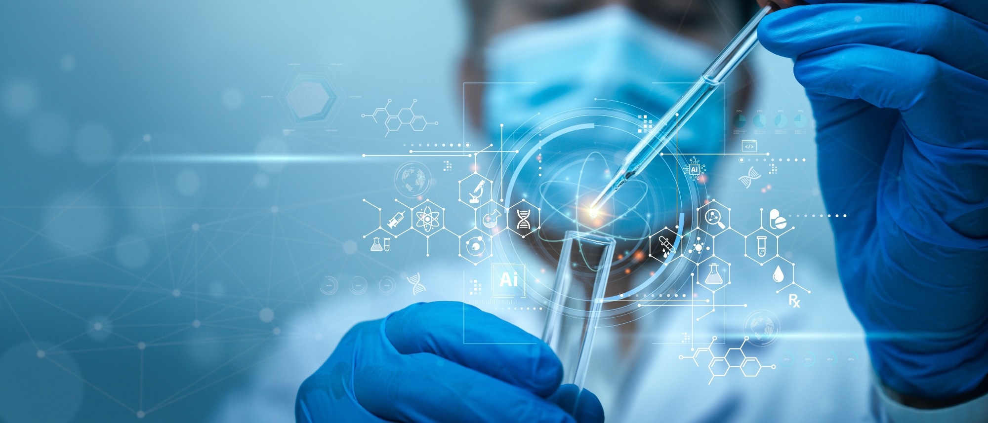 Image depicts a scientist placing a sample into a test tube, with AI-inspired imagery overlayed.