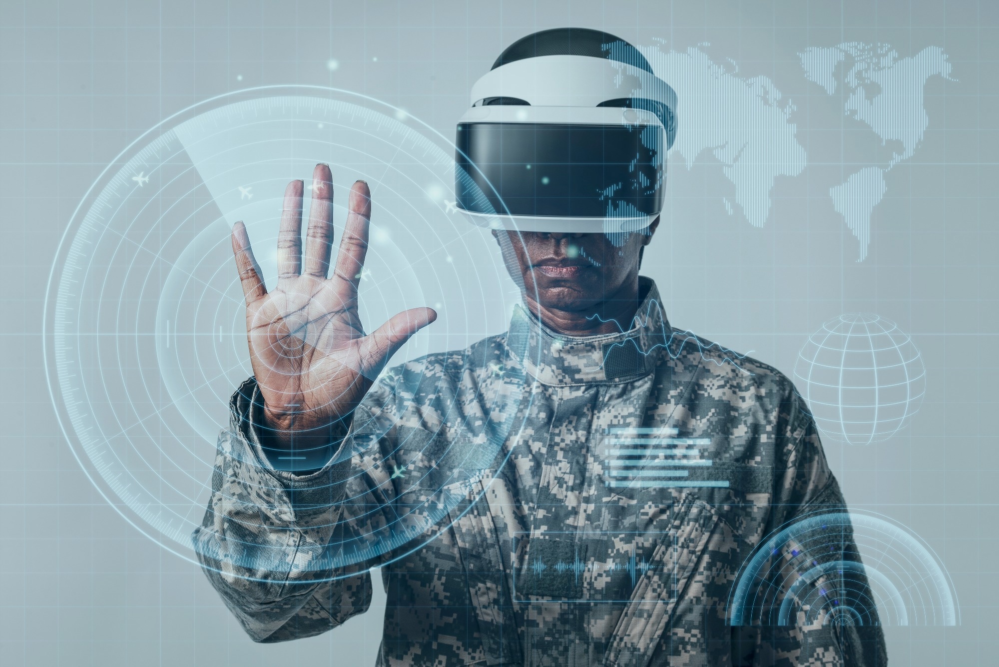 Female soldier with AR headset; AI imagery overlay.