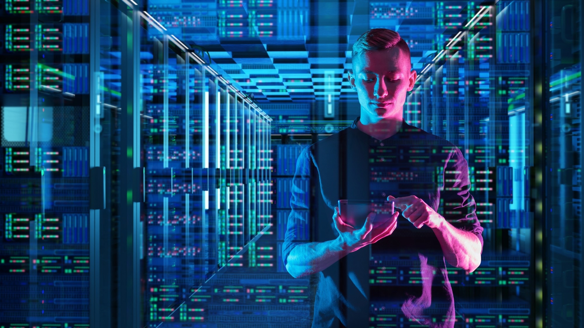 AI imagery superimposed over a man using his smartphone.