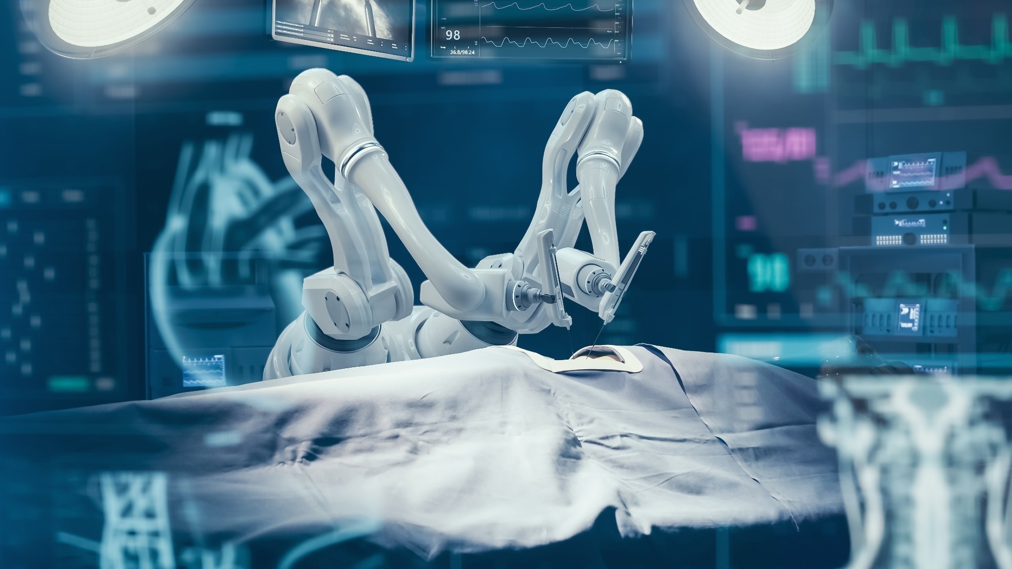 Robot Arms Performing High-Precision Nanosurgery In Hospital.