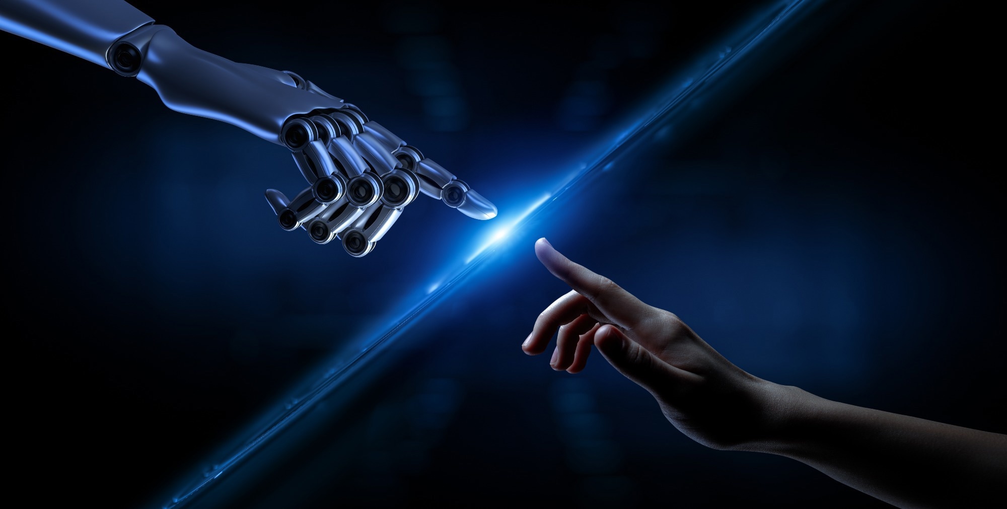 Robot hand making contact with human hand. 3d rendering.