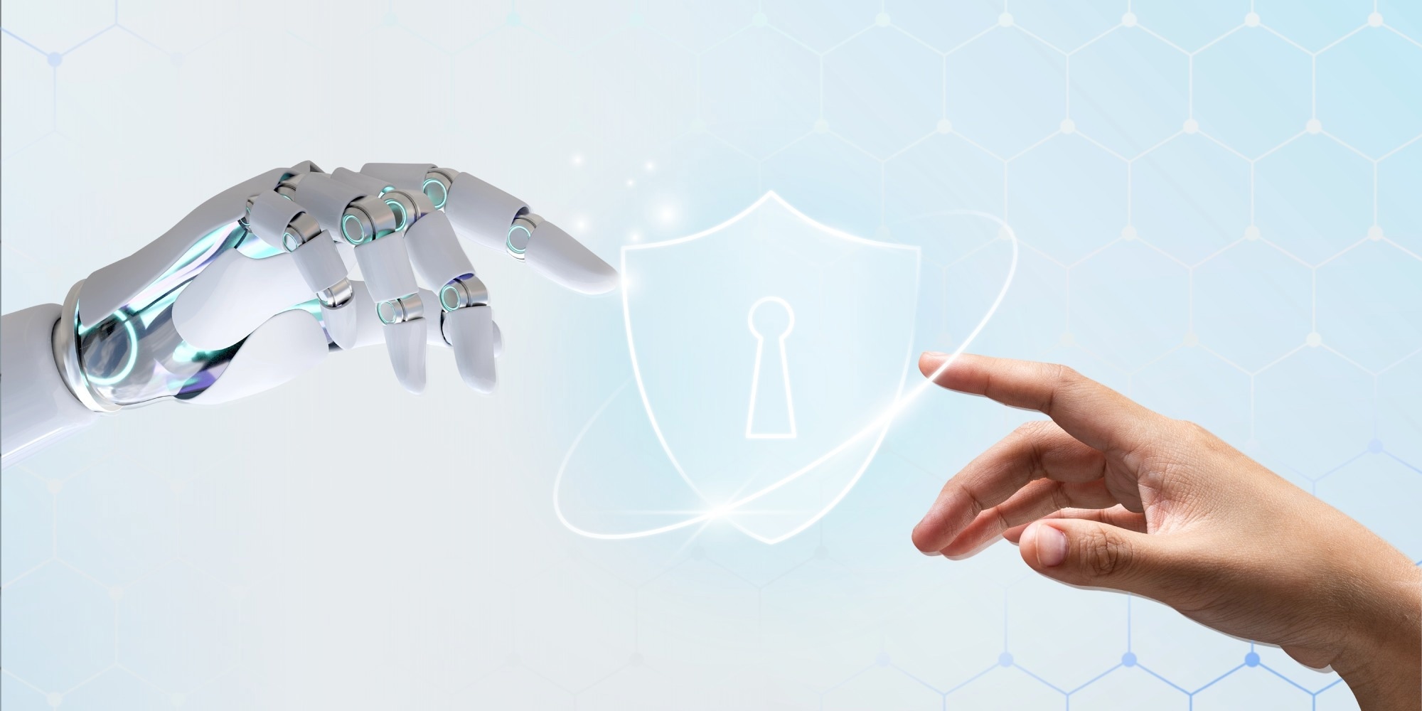 A futuristic image of a robotic hand reaching out to a human hand, symbolizes data protection. This blend of technology and humanity of the data protection between human and robotic interactions.