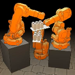 V-REP: ABB Simulation of 3 Robots Working Together